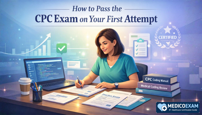 Promotional banner showing a focused student studying at a sleek desk with a laptop, coding manuals, and notes, under the title “How to Pass the CPC Exam on Your First Attempt,” with soft blue and teal tones, glowing accents, and subtle success icons.