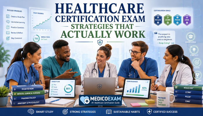 Healthcare professionals studying for certification exams with laptop, notes, coding manuals, and practice tests in a modern workspace