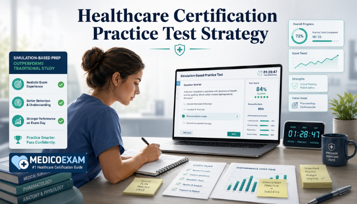 Healthcare certification student taking a simulation-based practice test on a laptop with study notes, charts, and a modern exam-prep desk setup.