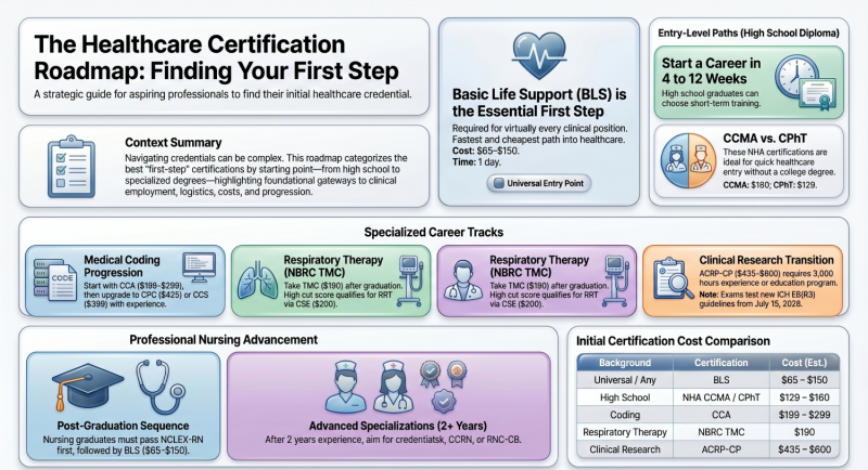 Infographic titled “The Healthcare Certification Roadmap: Finding Your First Step” showing beginner healthcare credential pathways. It highlights Basic Life Support (BLS) as the essential universal first step, entry-level options like CCMA and CPhT for high school graduates, specialized tracks including Medical Coding, Respiratory Therapy, and Clinical Research, nursing advancement paths after graduation, and a cost comparison table for initial certifications.