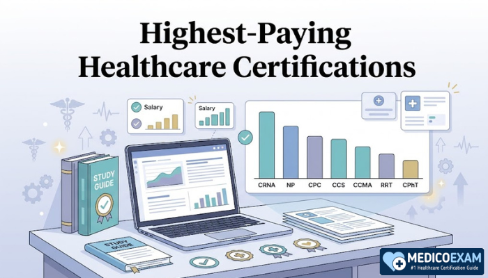 Highest-paying healthcare certifications salary comparison with laptop, certification badges, study materials, and growth charts.