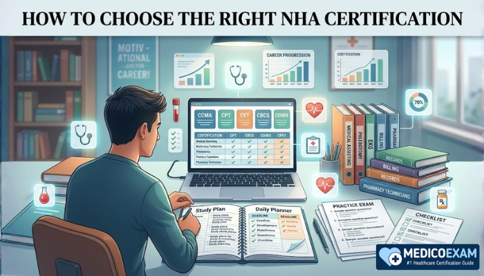 Student planning the right NHA certification with laptop, exam notes, practice test materials, and organized healthcare career study setup.