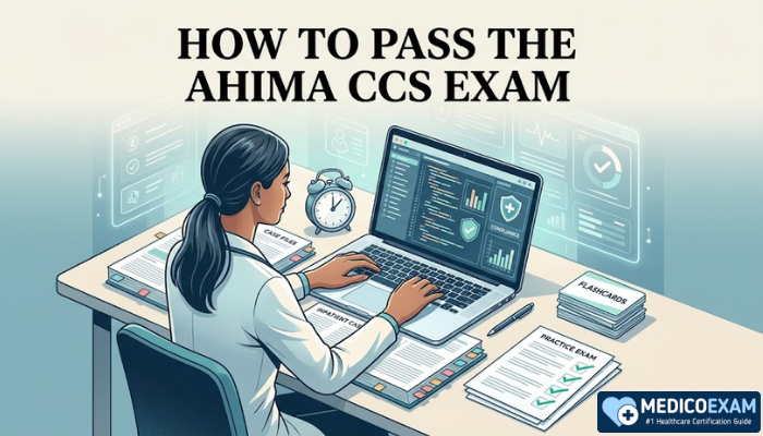 How to pass the AHIMA CCS exam image with a focused medical coding student, coding manuals, laptop, and practice test materials.