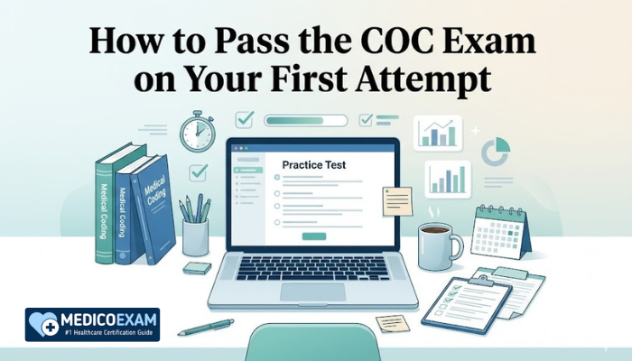 How to pass the AAPC COC exam on your first attempt image with laptop practice test, coding books, checklist, and organized study desk. 