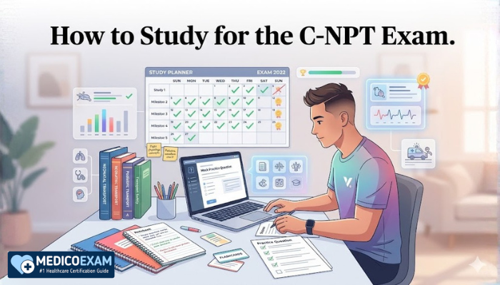 How to study for the C-NPT exam illustration with laptop, transport textbooks, notes, flashcards, and practice questions