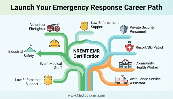 Infographic illustrating a branching career pathway, starting with NREMT EMR certification, leading to diverse roles like volunteer firefighter, industrial safety officer, and event medical staff.