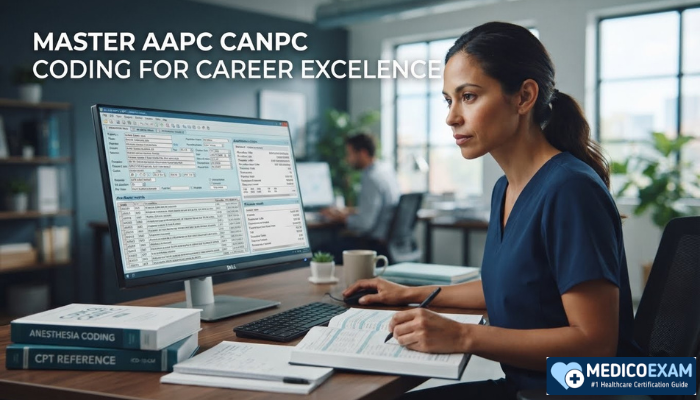 An adult woman, a medical coder, intently reviewing digital patient charts and coding manuals, demonstrating mastery of AAPC CANPC coding concepts in a modern office.