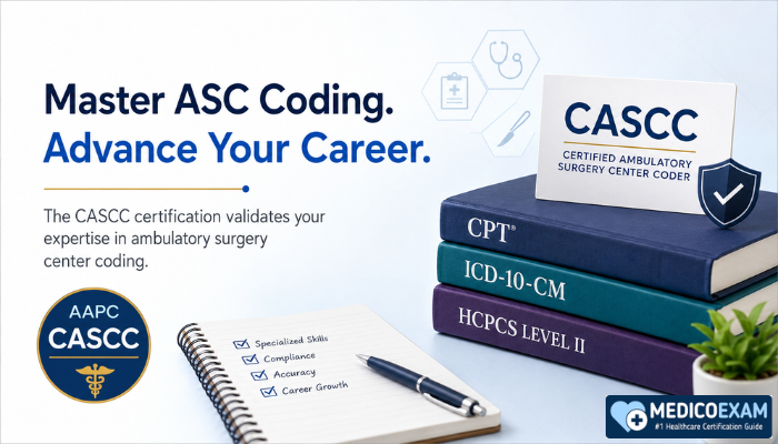 A clean blue-and-white CASCC certification banner showing coding books labeled CPT, ICD-10-CM, and HCPCS Level II, a CASCC credential card, checklist notebook, and headline about mastering ASC coding and advancing a medical coding career.