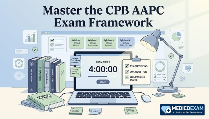 CPB AAPC exam framework infographic with 135 questions, four-hour timer, study checklist, and billing syllabus icons