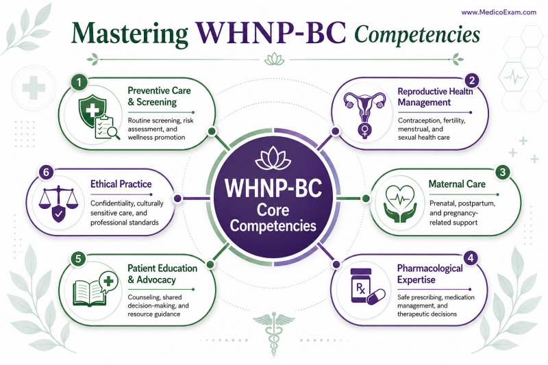An infographic detailing the core competencies and professional responsibilities of an NCC WHNP-BC certified nurse practitioner in women's health, presented in a circular diagram.