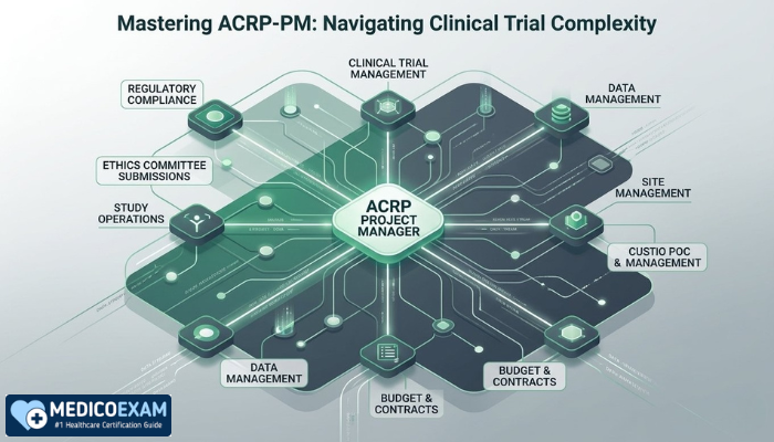 An abstract isometric illustration depicts interconnected nodes and lines representing the complex domains of clinical trial project management, centralizing the ACRP-PM role.