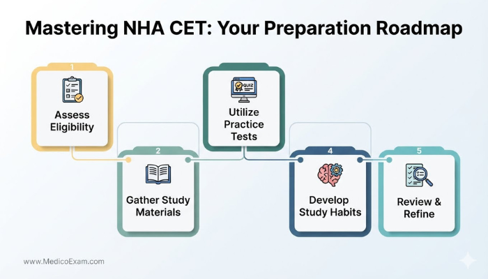 Infographic showing a step-by-step preparation roadmap for the NHA CET exam, covering eligibility, study materials, practice tests, study habits, and final review, with clear icons for each step.