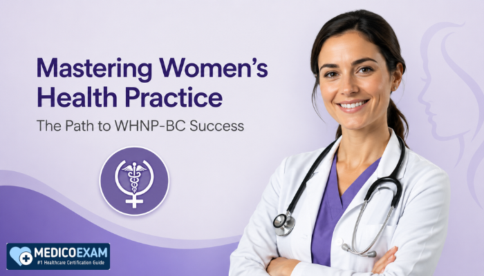 Feature image showing a women’s health nurse practitioner with the title “Mastering Women’s Health Practice” and WHNP-BC success theme.