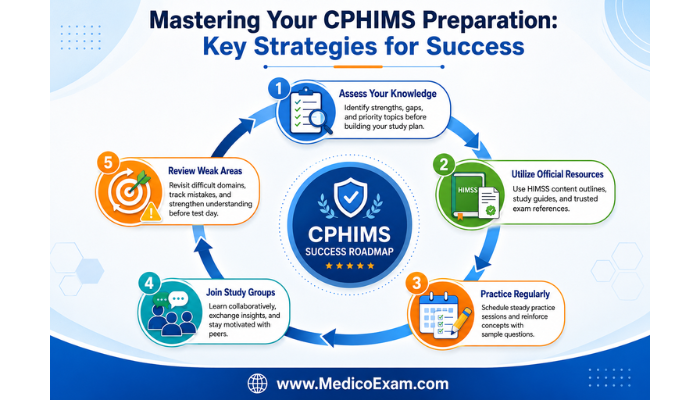Infographic detailing a strategic roadmap for CPHIMS exam preparation, covering assessment, resources, practice, study groups, and review.