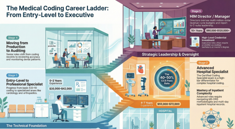 Medical coding career ladder infographic showing progression from entry-level coder to HIM Director, with experience ranges, roles, and increasing salaries.