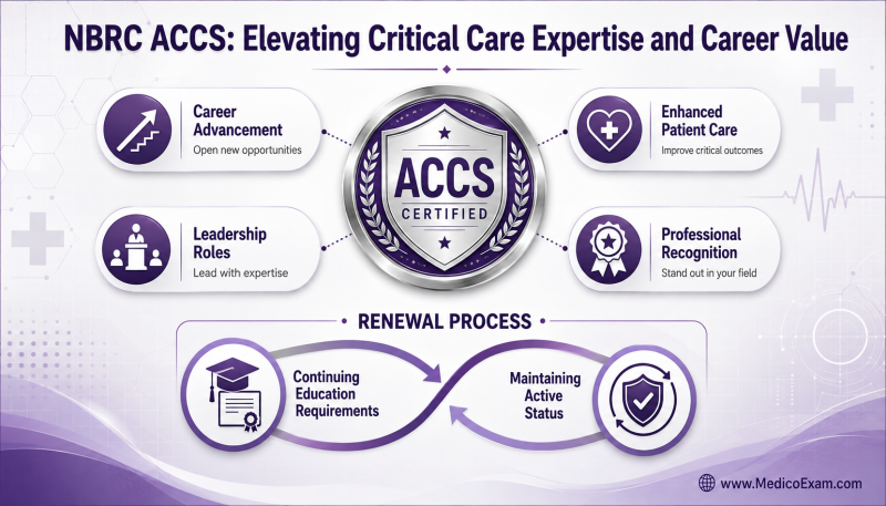 Infographic on NBRC ACCS benefits and renewal, showing a central certification badge surrounded by radiating career advantages and a cyclical diagram of continuing education requirements.