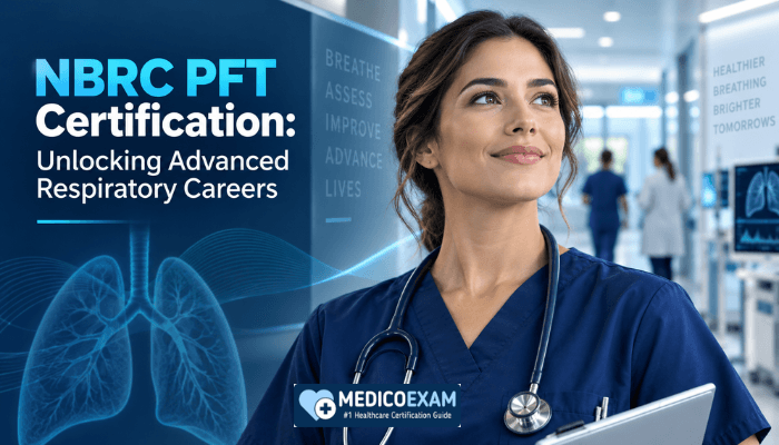 A confident female Pulmonary Function Technologist in a modern hospital hallway, symbolizing career advancement after NBRC PFT certification. The scene is bright and professional.