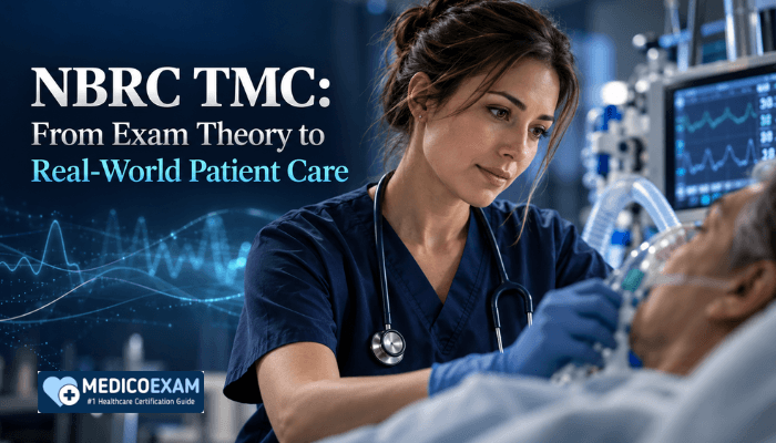A female respiratory therapist monitors a patient, demonstrating the application of NBRC TMC exam knowledge in a real hospital setting. Abstract data visuals subtly enhance the scene.