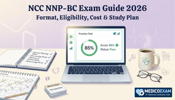 Motivational NNP-BC exam preparation scene with laptop practice test results, study plan, flashcards, and certification badge icon.