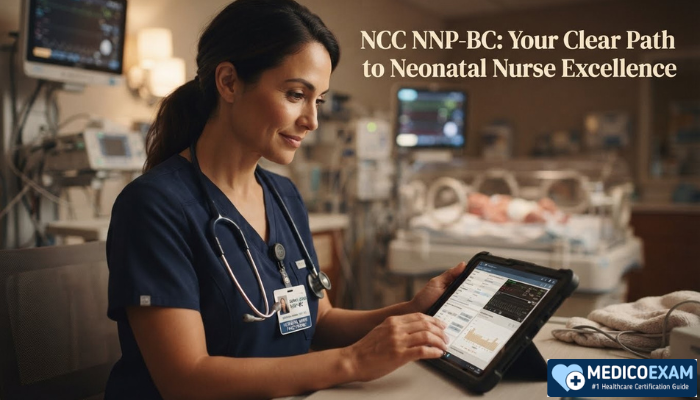 A focused female Neonatal Nurse Practitioner reviewing charts on a tablet in a modern NICU, symbolizing expertise and dedication in neonatal care. The image highlights the professional path offered by NCC NNP-BC certification.