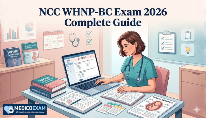 WHNP-BC exam 2026 study guide banner showing a nurse practitioner student preparing with a laptop, notes, textbooks, and practice test materials.