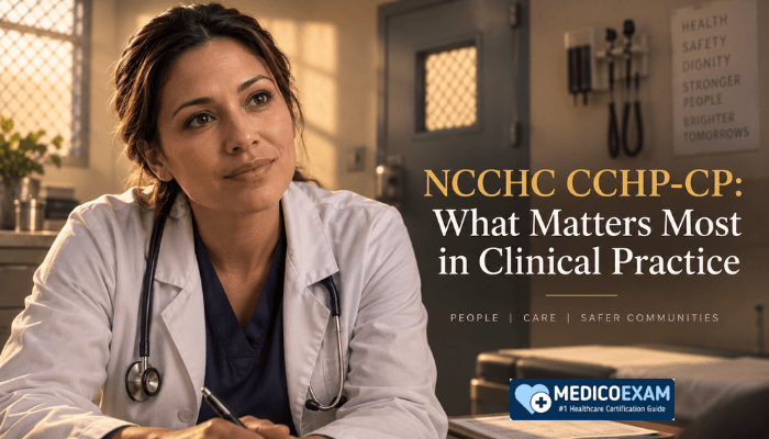 A female correctional clinical provider, in scrubs, attentively listens to a patient in a sterile, secure clinic setting, symbolizing empathetic care within correctional healthcare for the CCHP-CP certification. The image title highlights the core clinical focus.