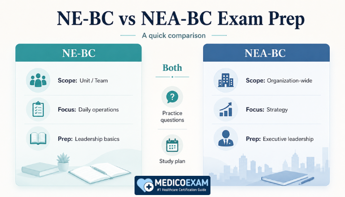NE-BC vs NEA-BC Exam Prep infographic comparing scope, focus, prep style, practice questions, and study planning.