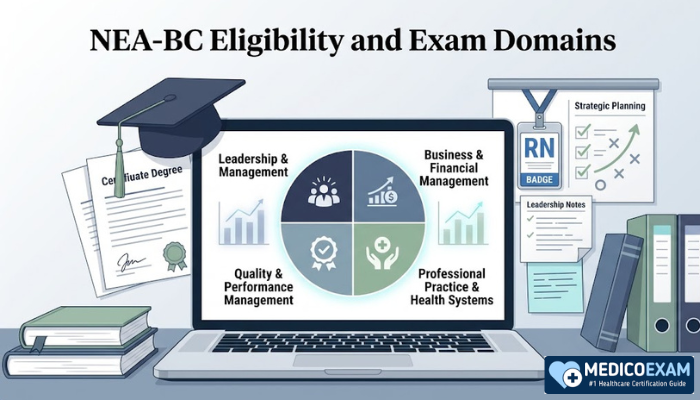 NEA-BC eligibility and exam domain visual showing graduate degree requirement, RN leadership role, and four-domain exam breakdown