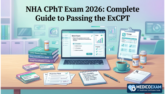 Professional study desk with a laptop showing a pharmacy mock exam, study guides, and medical supplies, styled with pastel colors and UI graphics for certification preparation.