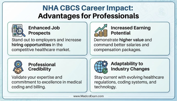 An infographic illustrating the career benefits of NHA CBCS certification, such as enhanced job prospects, increased earning potential, and professional credibility.