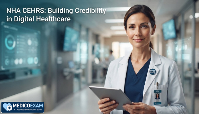An adult woman, a Certified Electronic Health Records Specialist (NHA CEHRS), stands in a modern hospital, holding a tablet. Digital data interfaces are blurred in the background, symbolizing her role in managing healthcare information securely.