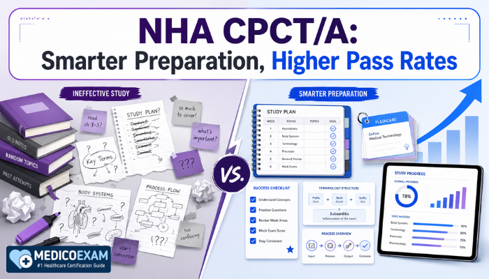 A minimalist infographic contrasting disorganized versus structured study methods for the NHA CPCT/A exam, highlighting efficient preparation strategies.