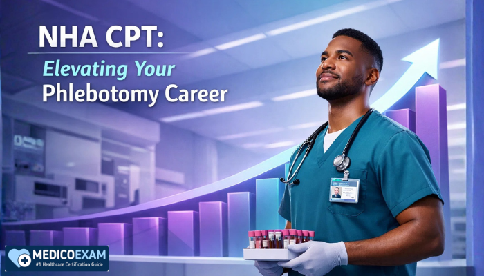 A 3D rendered image of a professional in a modern lab, looking towards an upward graph, symbolizing career elevation through NHA CPT certification.