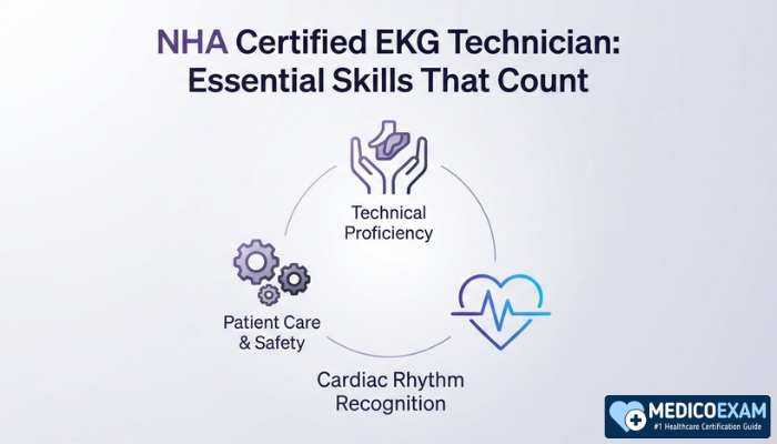 A minimal vector graphic showing three interconnected skill clusters for the NHA CET: Patient Care, Technical Proficiency, and Cardiac Rhythm Recognition, with abstract icons.