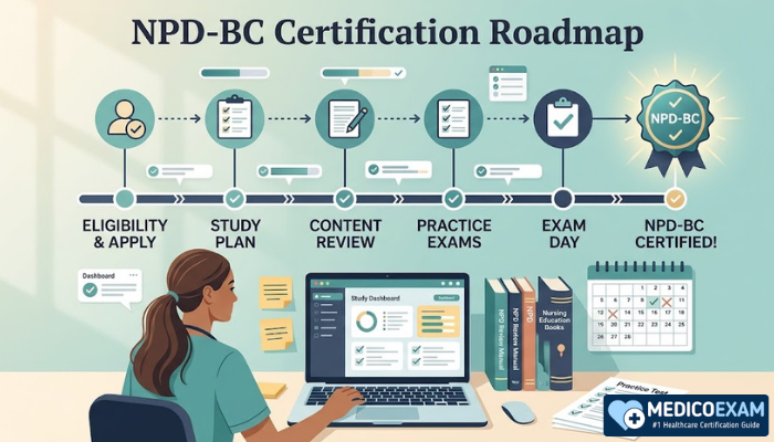 NPD-BC certification roadmap with nurse educator, study milestones, laptop, and exam preparation icons