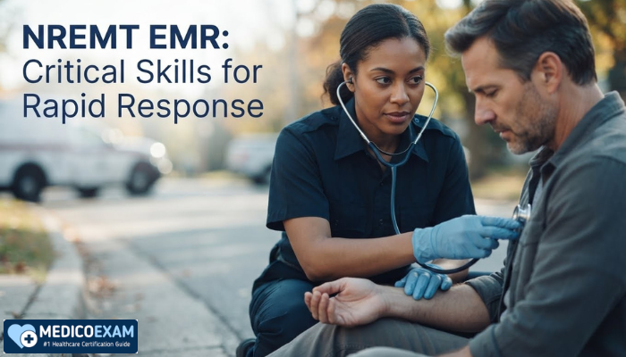 A focused female EMR in a navy uniform conducting a patient assessment with a stethoscope in an outdoor setting, demonstrating critical NREMT EMR skills.