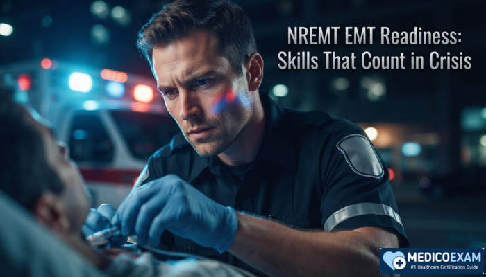 A focused male EMT in uniform during a nighttime emergency, illuminated by blue and red lights, representing readiness for NREMT EMT certification.