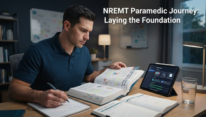 A focused male paramedic student studying for the NREMT Paramedic exam, surrounded by textbooks and a tablet, symbolizing foundational learning and dedication. The scene highlights the initial preparation phase for the NREMT certification.