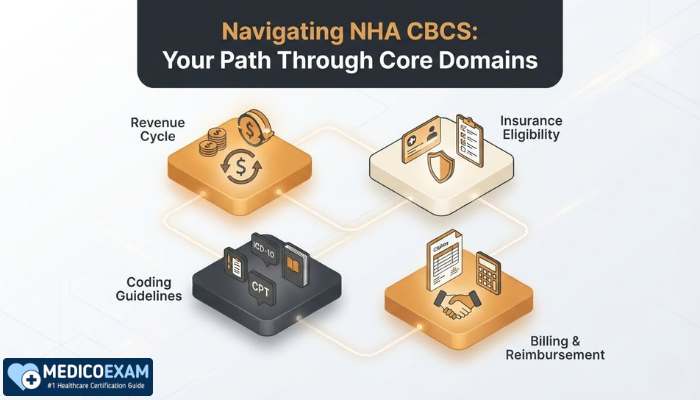 An isometric illustration depicting four interconnected blocks representing the core domains of the NHA CBCS syllabus, highlighting structured learning and conceptual flow.