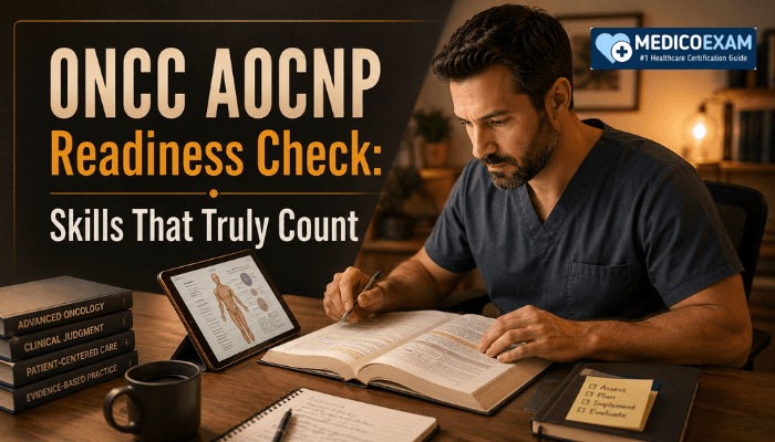 An Advanced Oncology Certified Nurse Practitioner focused on study materials, embodying the rigorous preparation and readiness required for the ONCC AOCNP certification.