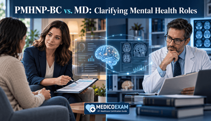 A split image contrasting a female PMHNP-BC discussing care with a patient on the left, and a male psychiatrist reviewing medical charts on the right, connected by a subtle collaborative element. The image clarifies their distinct but complementary roles in mental health care for the ANCC PMHNP-BC certification.