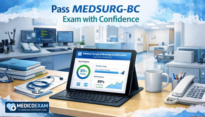 MEDSURG-BC exam preparation dashboard with practice test performance and study setup
