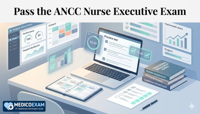  Pass the ANCC Nurse Executive Exam banner with practice test laptop, checklist, leadership books, and organized study desk.