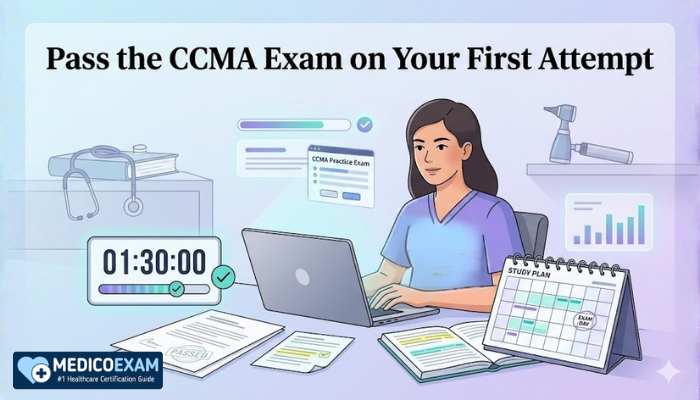 Pass the CCMA exam first attempt image showing a confident student using timed practice tests and a structured study plan
