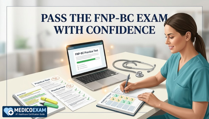 FNP-BC exam preparation scene with practice tests, notes, and confident nurse practitioner student