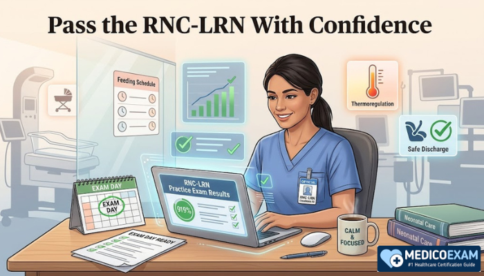 Exam-ready neonatal nurse preparing for the RNC-LRN certification with laptop, checklist, and professional study desk.