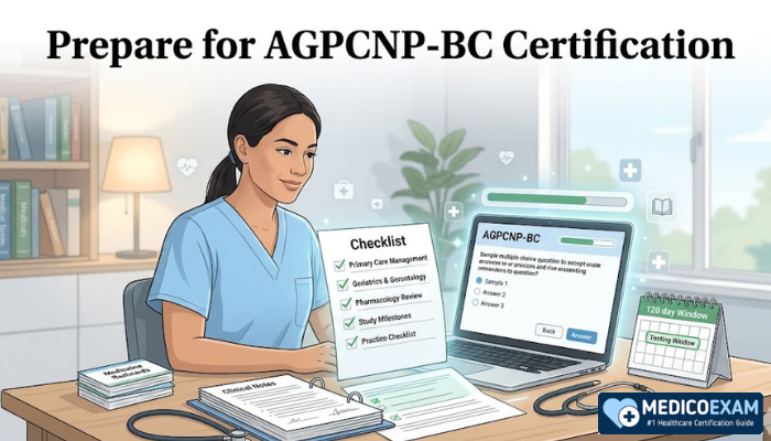 Prepare for AGPCNP-BC certification with nurse practitioner practice exam laptop and study checklist 