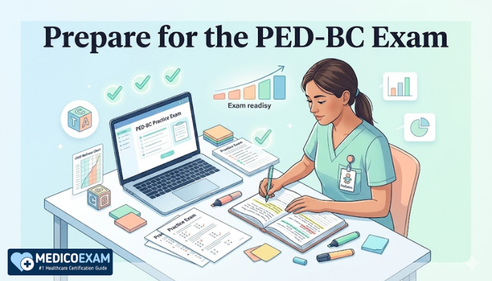 Prepare for the PED-BC exam illustration featuring a pediatric nurse studying with a laptop, exam notes, and a bright modern workspace.
