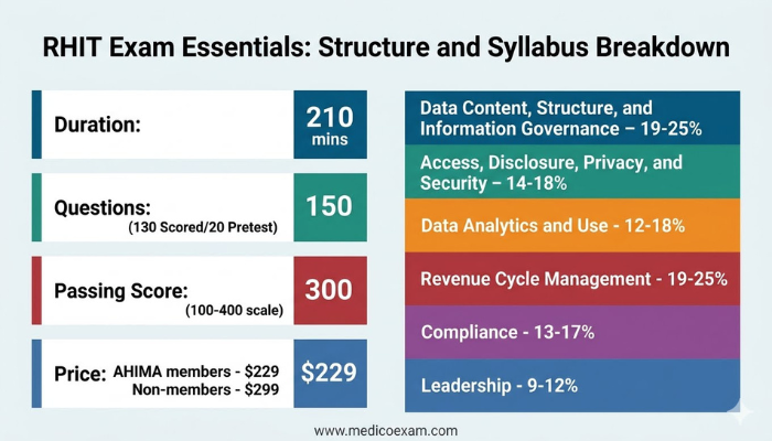 An infographic detailing the AHIMA RHIT exam structure, including duration, questions, passing score, pricing, and a clear breakdown of the six syllabus domains with their percentage weights.