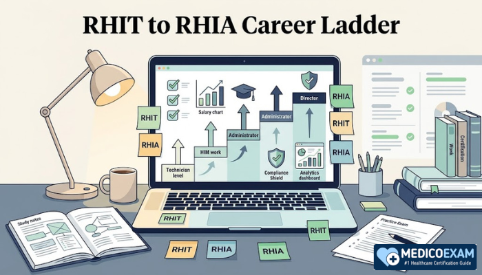RHIT to RHIA career ladder illustration showing health information management study materials, laptop dashboard, and upward salary growth icons
